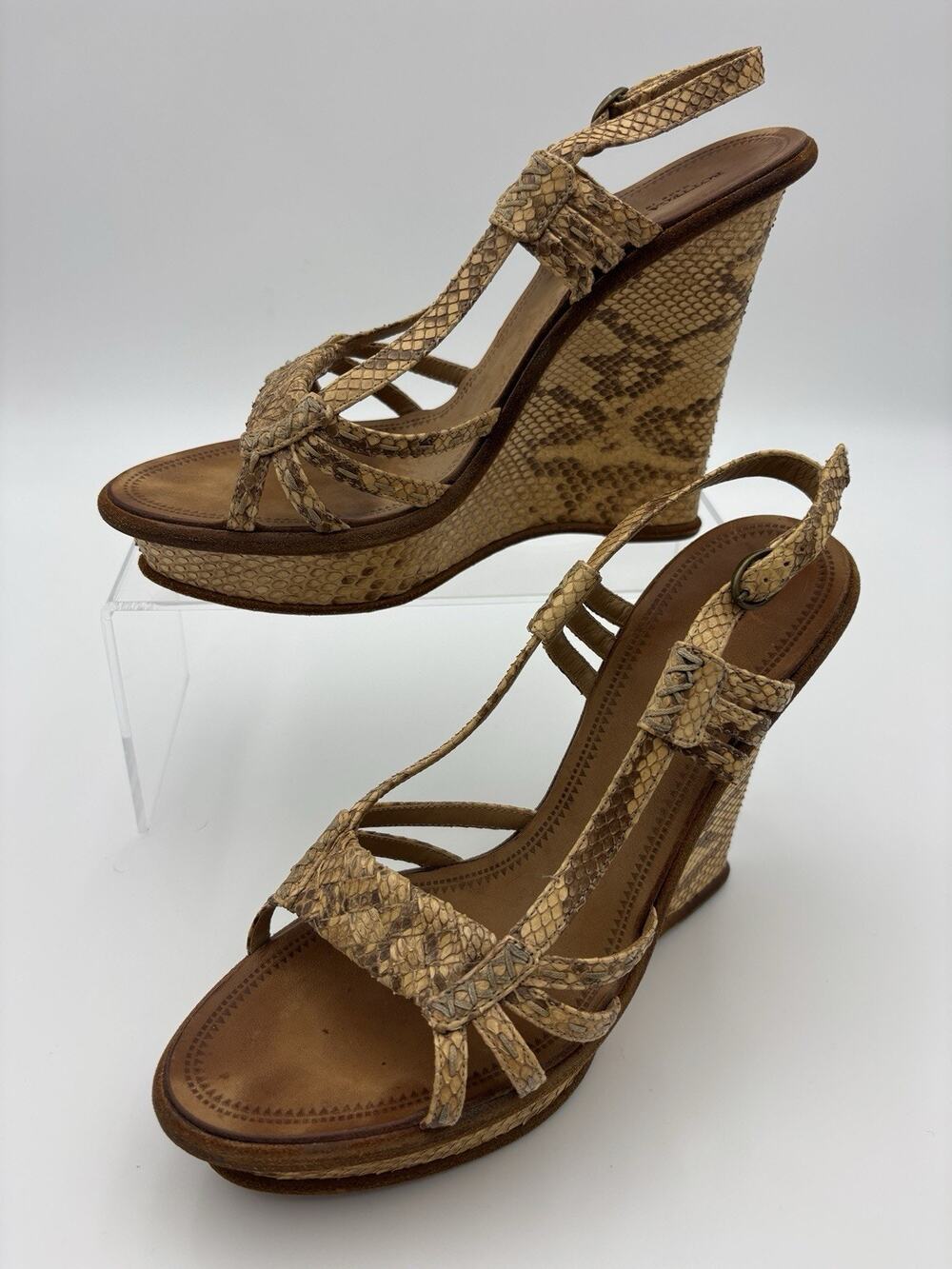 Bottega Veneta Slingback Sandals Snakeskin Gold Tan Snake Size 9.5 Wedge